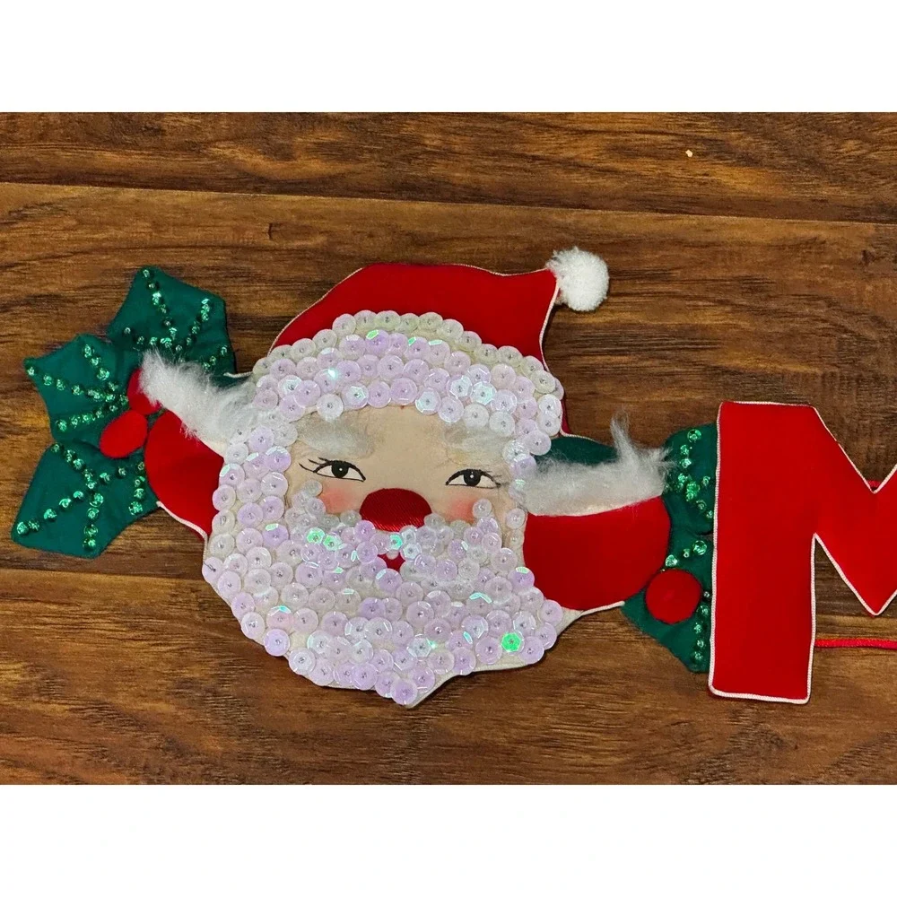 Vintage Kitshmas Red Velvet Santa Claus Christmas Garland Sequined Beaded 70s
